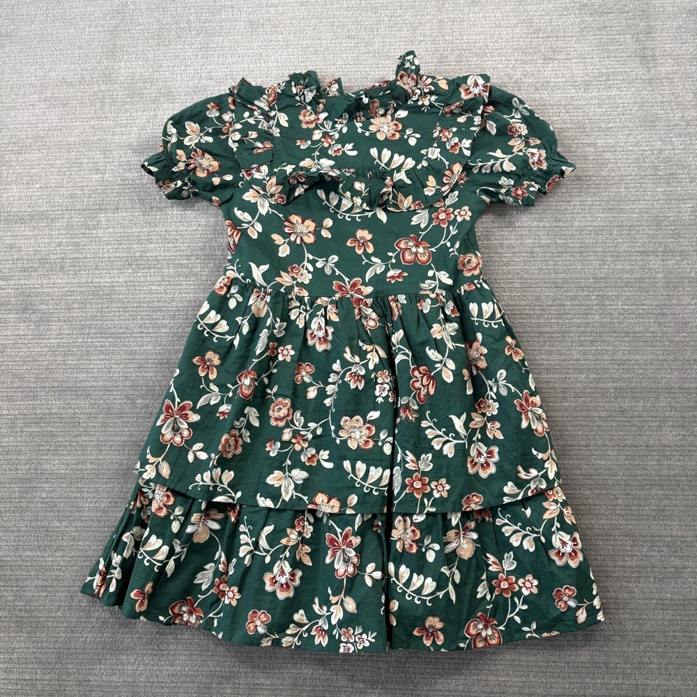 Janie and Jack Enchanted Forest Floral Ruffle Dress Girls 7 Green Tiered Skirt